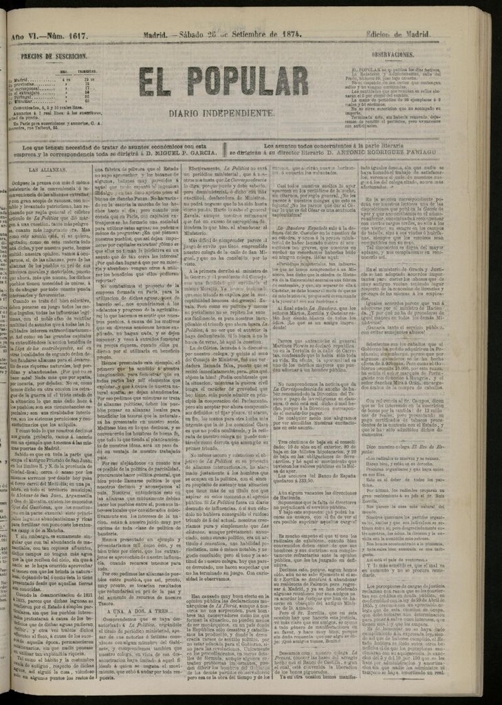 Miniatura de El Popular: diario independiente, político, literario y de noticias de interés general del 26 de septiembre de 1874, nº 1617