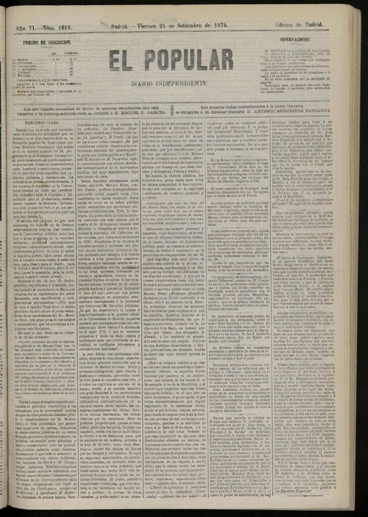 Miniatura de El Popular: diario independiente, político, literario y de noticias de interés general del 25 de septiembre de 1874, nº 1616