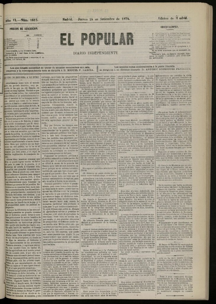 Miniatura de El Popular: diario independiente, político, literario y de noticias de interés general del 24 de septiembre de 1874, nº 1615