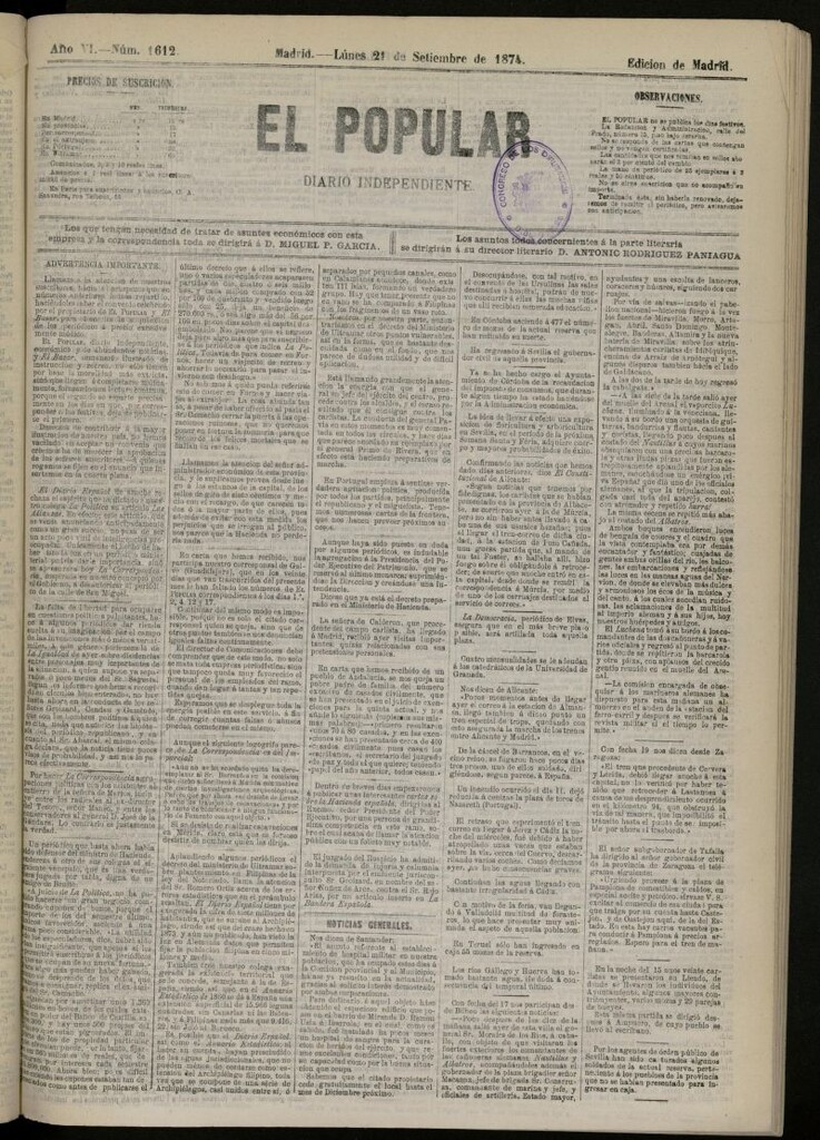 Miniatura de El Popular: diario independiente, político, literario y de noticias de interés general del 21 de septiembre de 1874, nº 1612