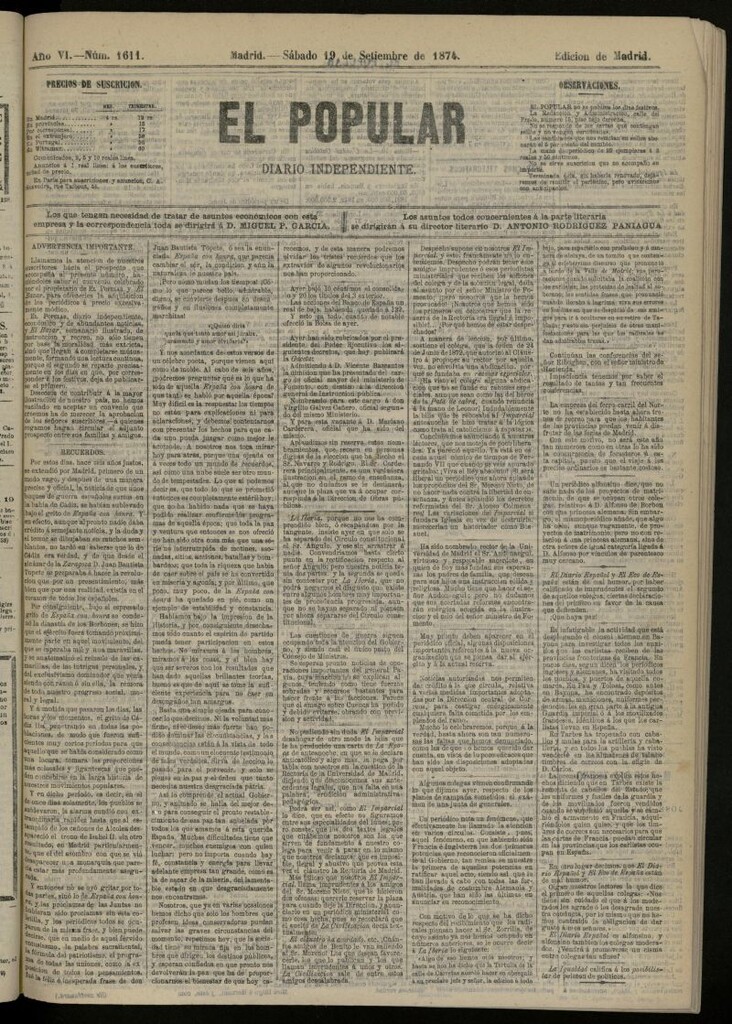 Miniatura de El Popular: diario independiente, político, literario y de noticias de interés general del 19 de septiembre de 1874, nº 1611