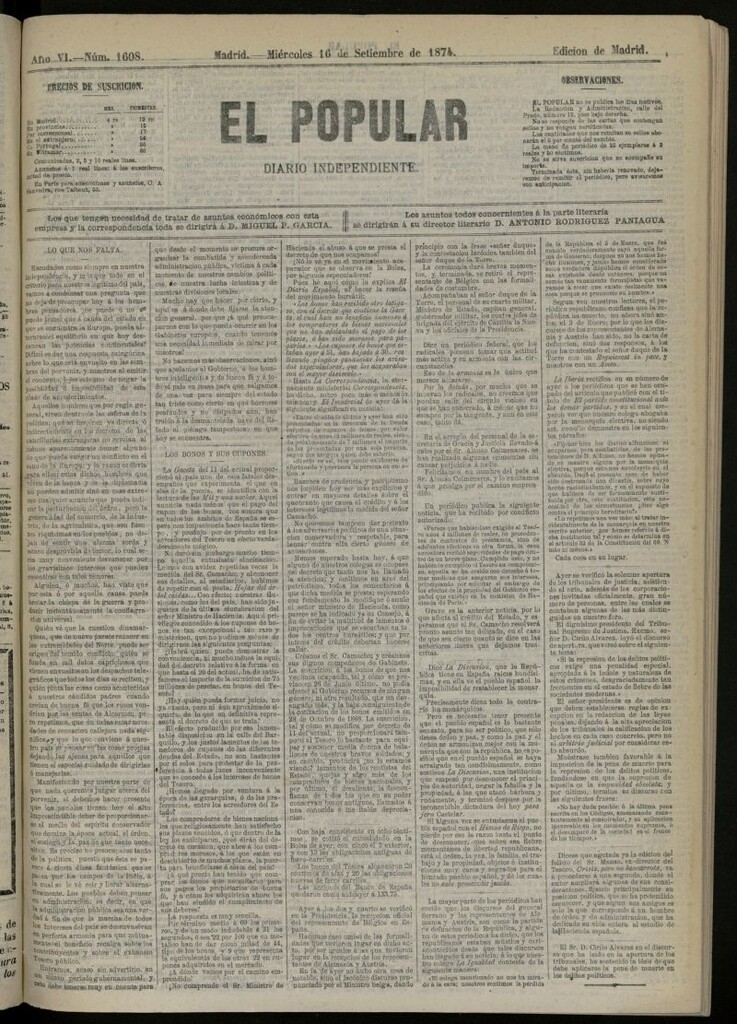 Miniatura de El Popular: diario independiente, político, literario y de noticias de interés general del 16 de septiembre de 1874, nº 1608