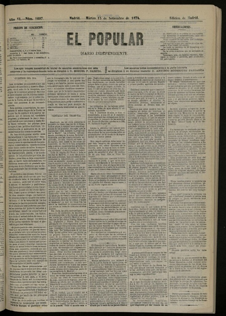 Miniatura de El Popular: diario independiente, político, literario y de noticias de interés general del 15 de septiembre de 1874, nº 1607