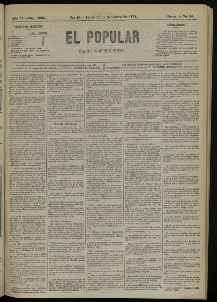 Miniatura de El Popular: diario independiente, político, literario y de noticias de interés general del 14 de septiembre de 1874, nº 1606
