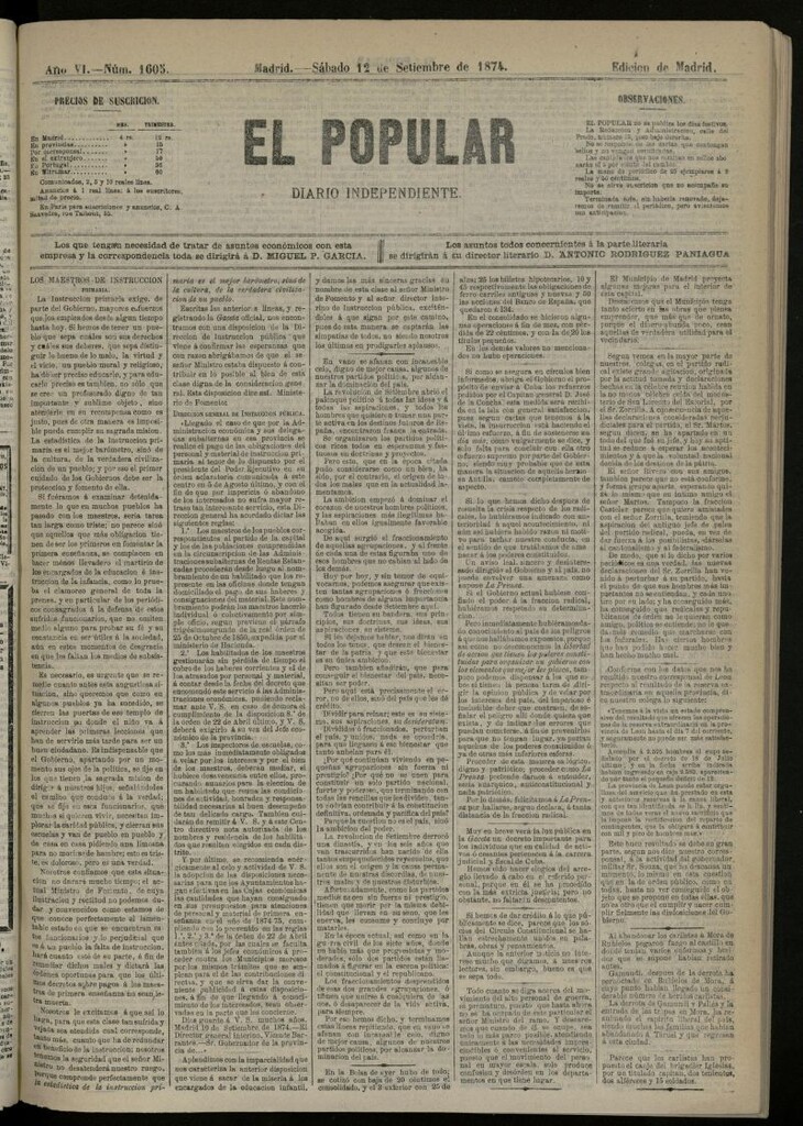 Miniatura de El Popular: diario independiente, político, literario y de noticias de interés general del 12 de septiembre de 1874, nº 1605