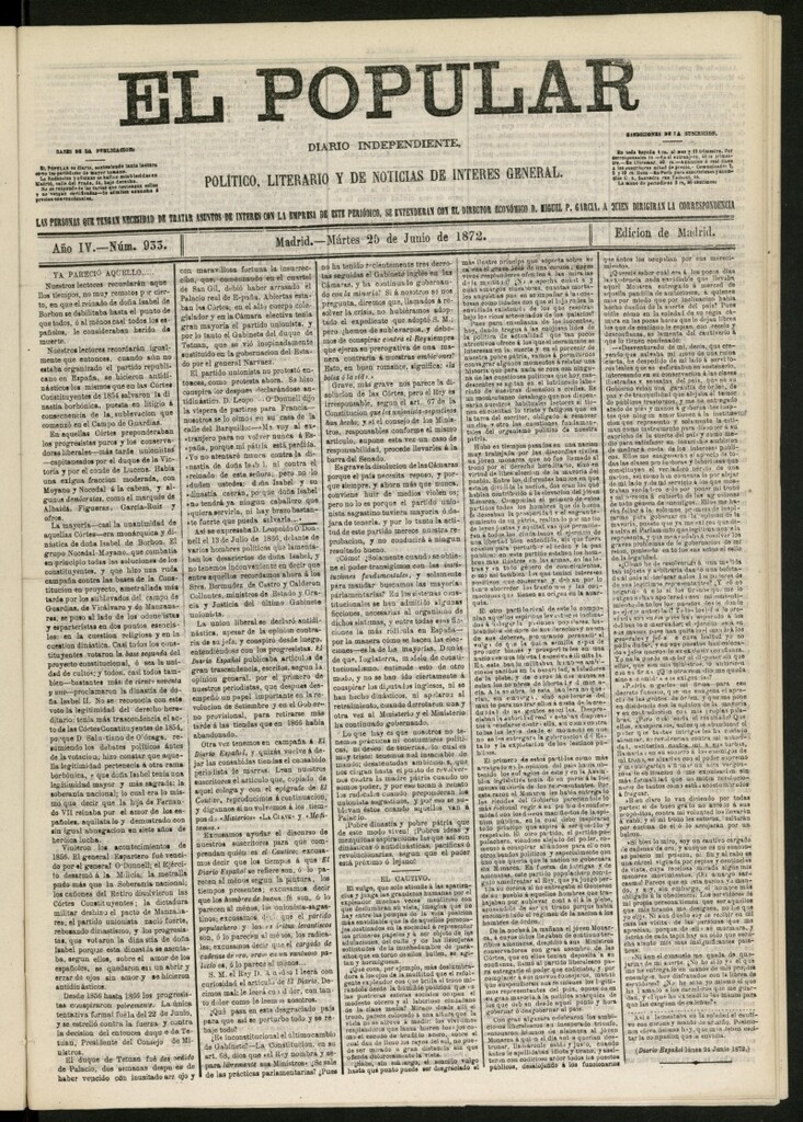 Miniatura de El Popular: diario independiente, político, literario y de noticias de interés general del 25 de junio de 1872, nº 933