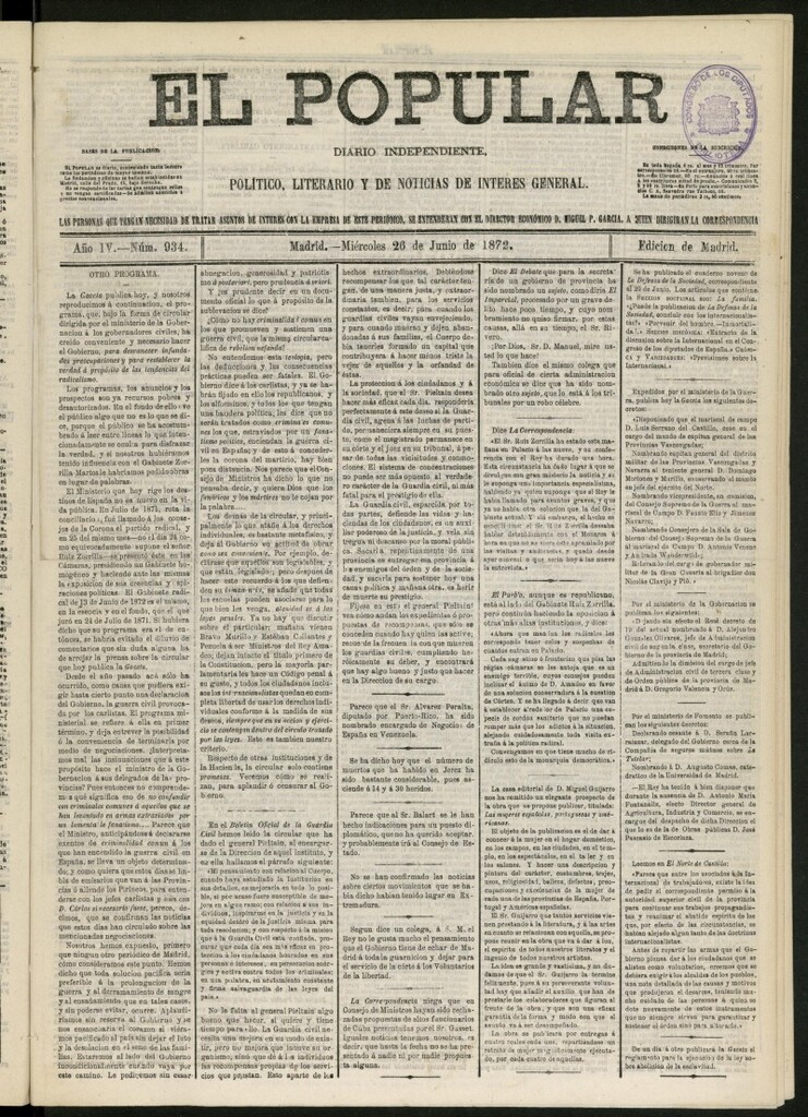 Miniatura de El Popular: diario independiente, político, literario y de noticias de interés general del 26 de junio de 1872, nº 934