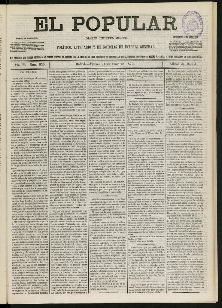 Miniatura de El Popular: diario independiente, político, literario y de noticias de interés general del 21 de junio de 1872, nº 930