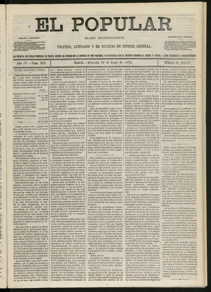 Miniatura de El Popular: diario independiente, político, literario y de noticias de interés general del 19 de junio de 1872, nº 928