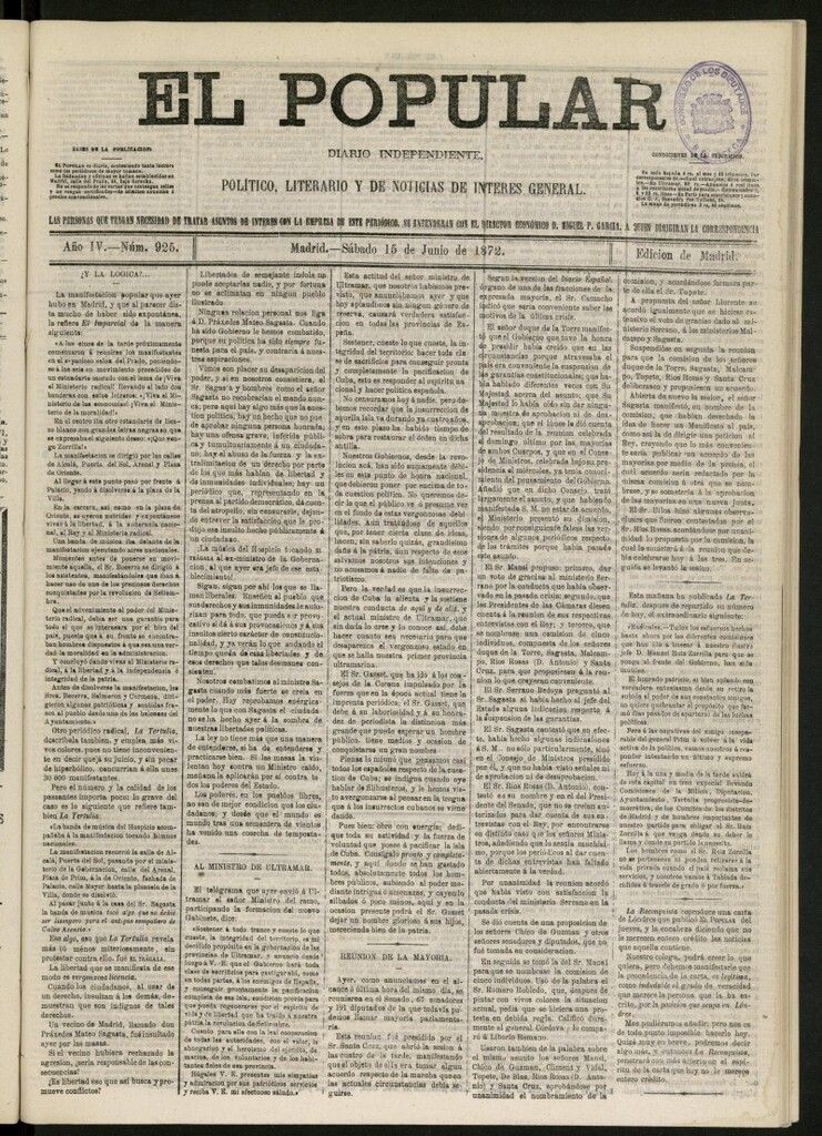 Miniatura de El Popular: diario independiente, político, literario y de noticias de interés general del 15 de junio de 1872, nº 925