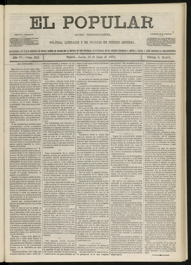 Miniatura de El Popular: diario independiente, político, literario y de noticias de interés general del 13 de junio de 1872, nº 923