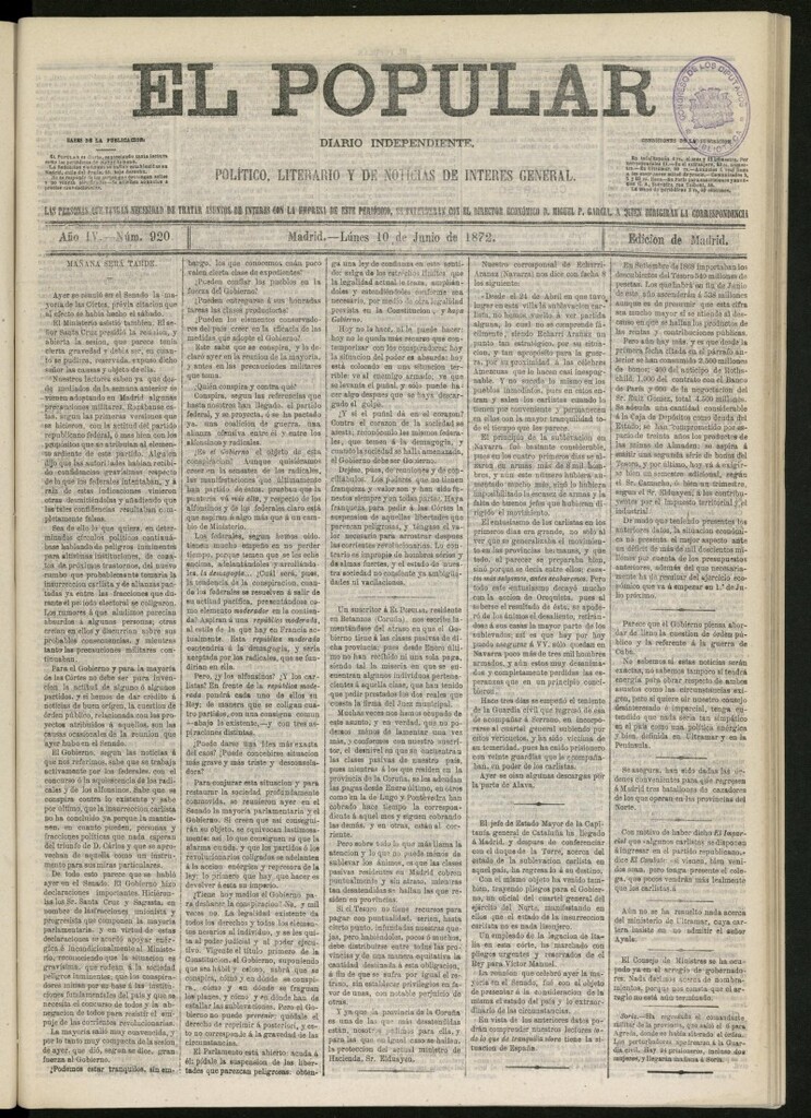 Miniatura de El Popular: diario independiente, político, literario y de noticias de interés general del 10 de junio de 1872, nº 920
