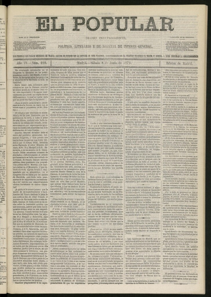 Miniatura de El Popular: diario independiente, político, literario y de noticias de interés general del 8 de junio de 1872, nº 919