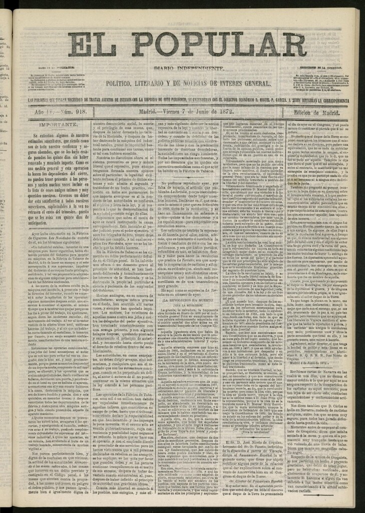Miniatura de El Popular: diario independiente, político, literario y de noticias de interés general del 7 de junio de 1872, nº 918
