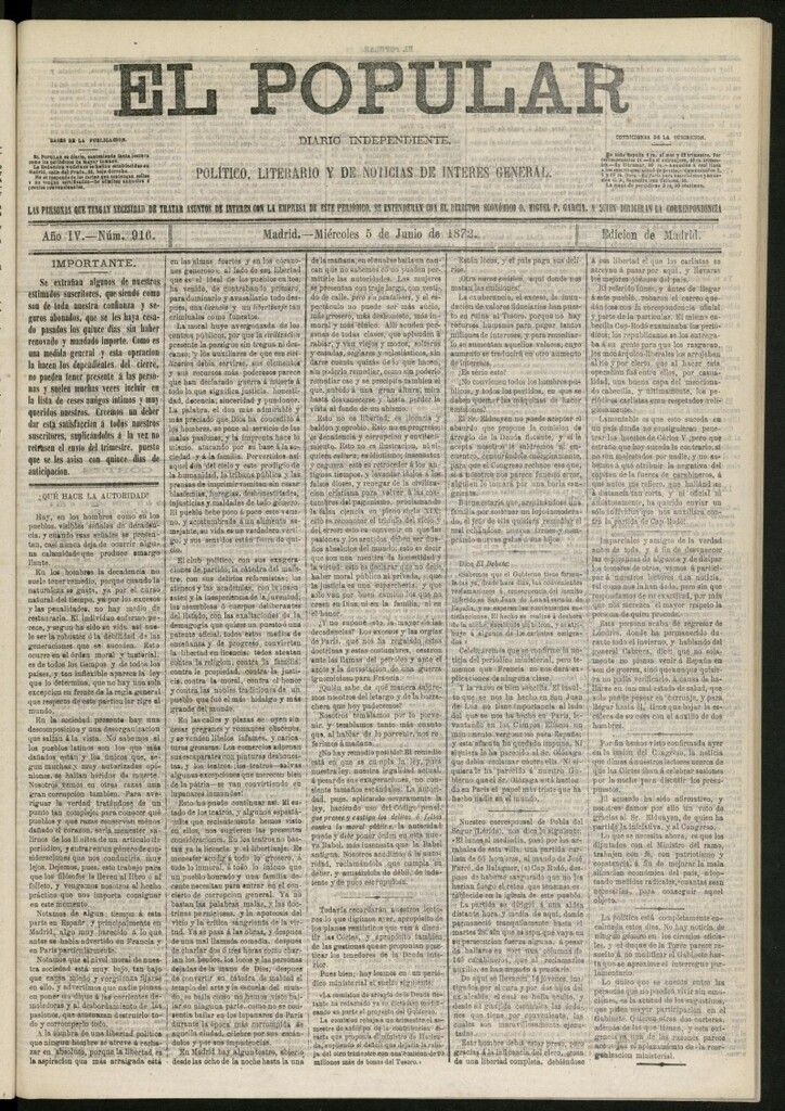 Miniatura de El Popular: diario independiente, político, literario y de noticias de interés general del 5 de junio de 1872, nº 916