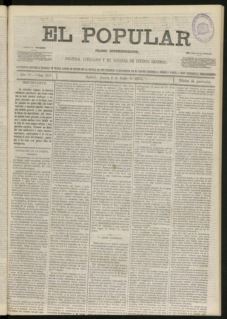 Miniatura de El Popular: diario independiente, político, literario y de noticias de interés general del 6 de junio de 1872, nº 917
