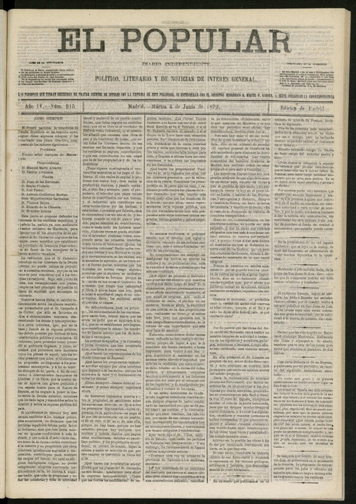 Miniatura de El Popular: diario independiente, político, literario y de noticias de interés general del 4 de junio de 1872, nº 915