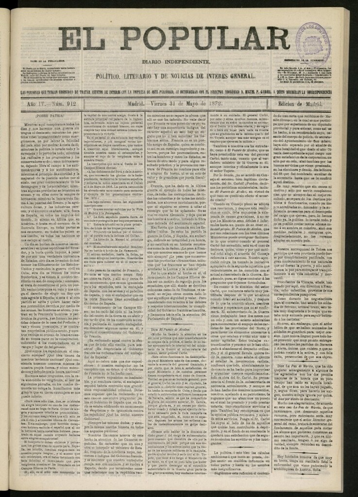 Miniatura de El Popular: diario independiente, político, literario y de noticias de interés general del 31 de mayo de 1872, nº 912