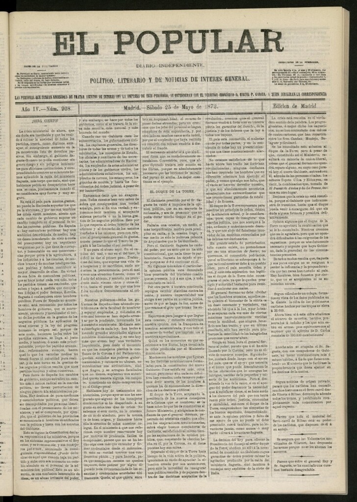 Miniatura de El Popular: diario independiente, político, literario y de noticias de interés general del 25 de mayo de 1872, nº 908
