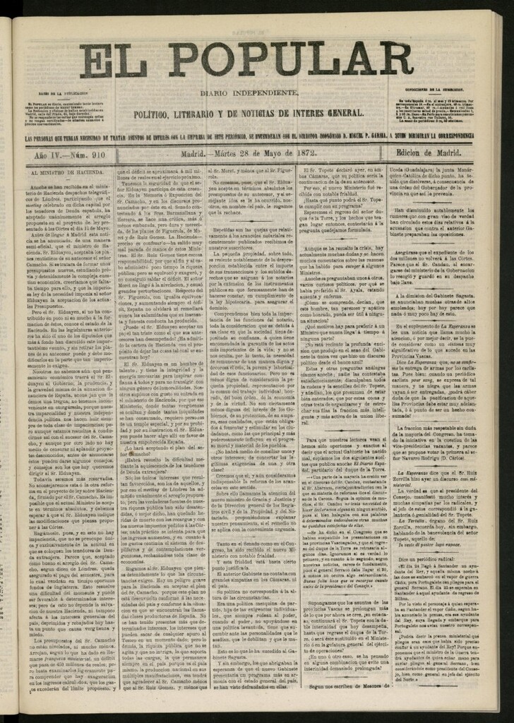 Miniatura de El Popular: diario independiente, político, literario y de noticias de interés general del 28 de mayo de 1872, nº 910
