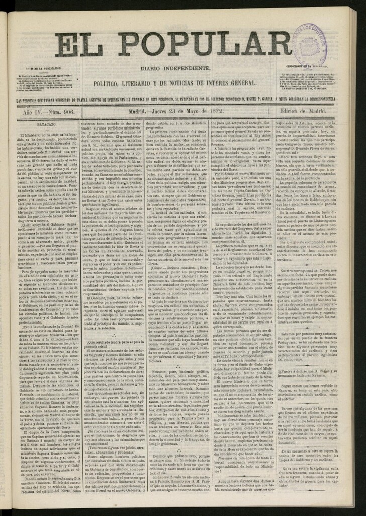 Miniatura de El Popular: diario independiente, político, literario y de noticias de interés general del 23 de mayo de 1872, nº 906