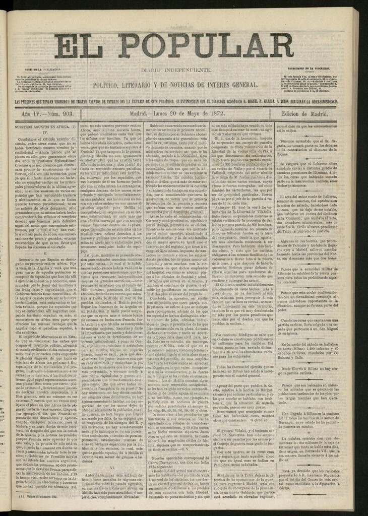 Miniatura de El Popular: diario independiente, político, literario y de noticias de interés general del 20 de mayo de 1872, nº 903