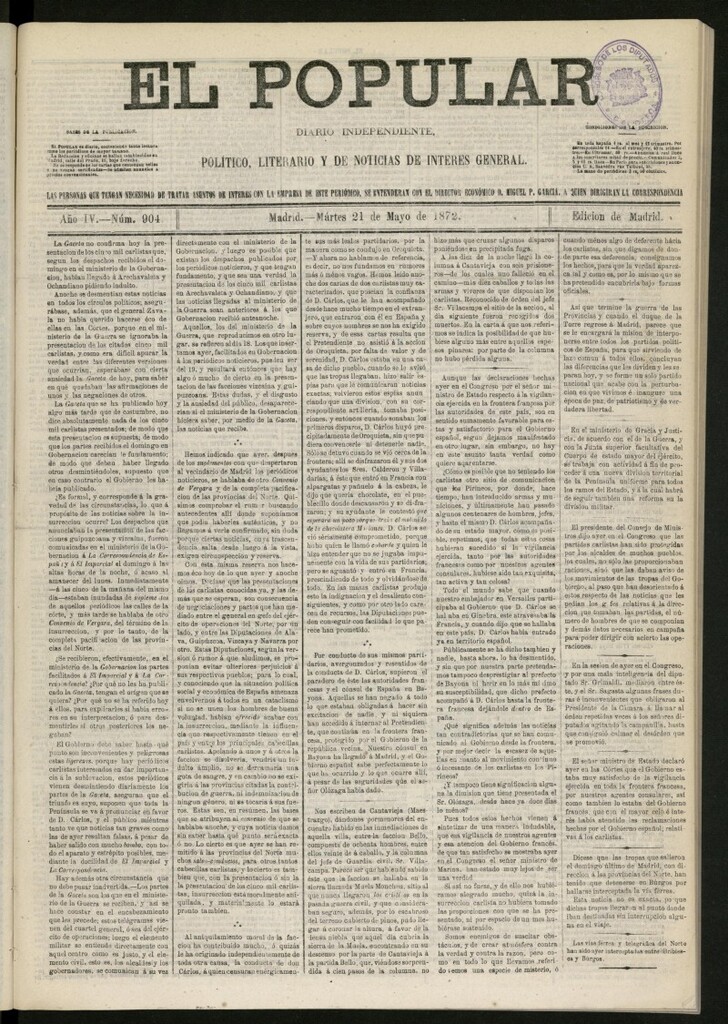 Miniatura de El Popular: diario independiente, político, literario y de noticias de interés general del 21 de mayo de 1872, nº 904