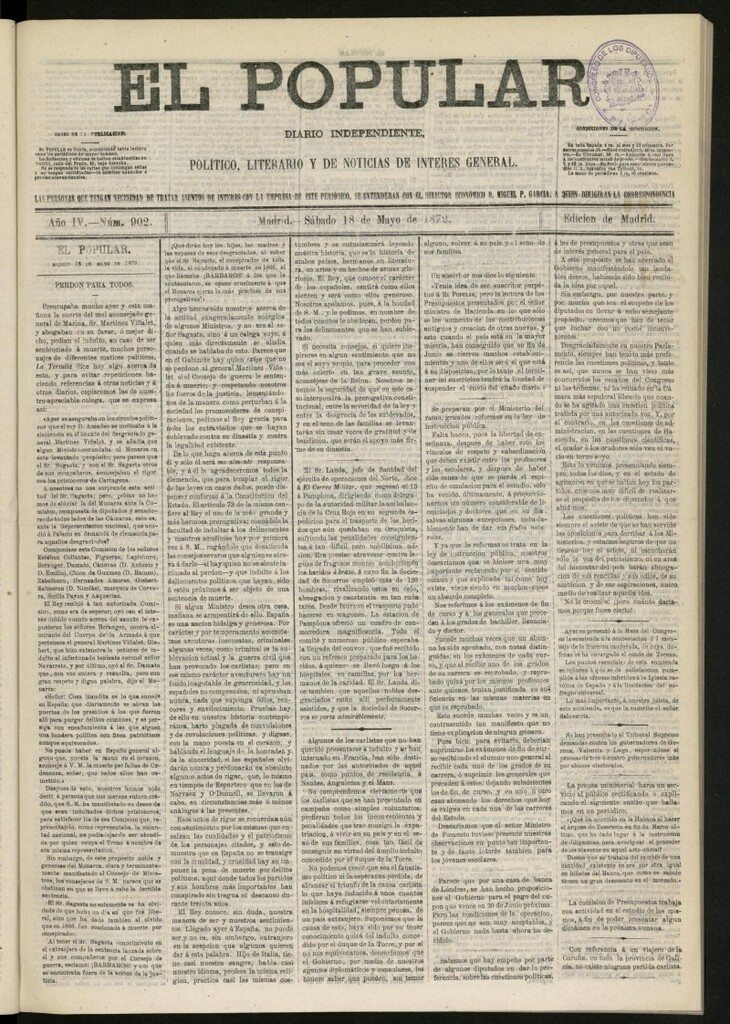 Miniatura de El Popular: diario independiente, político, literario y de noticias de interés general del 18 de mayo de 1872, nº 902