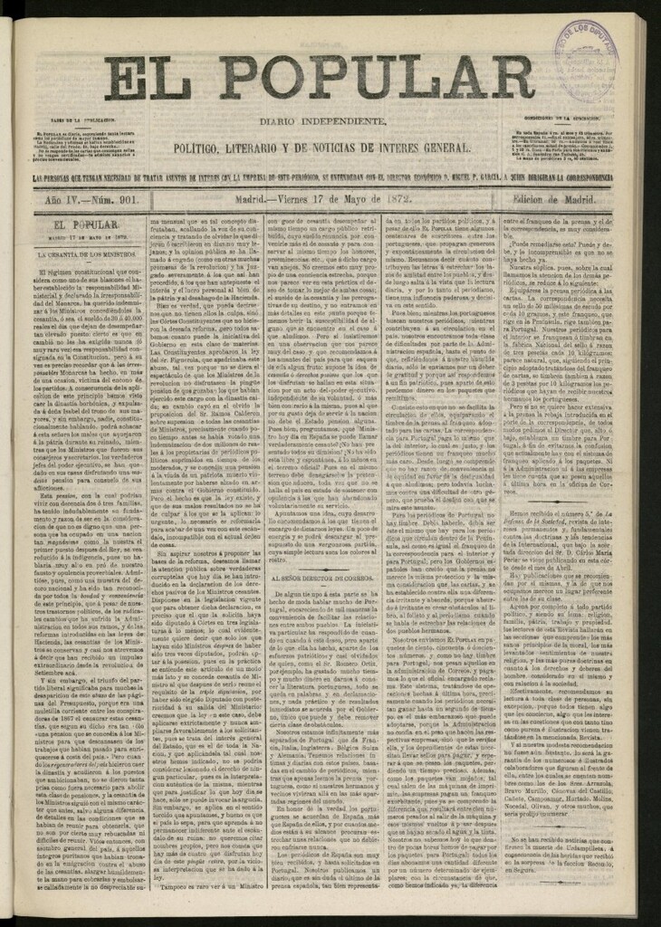 Miniatura de El Popular: diario independiente, político, literario y de noticias de interés general del 17 de mayo de 1872, nº 901