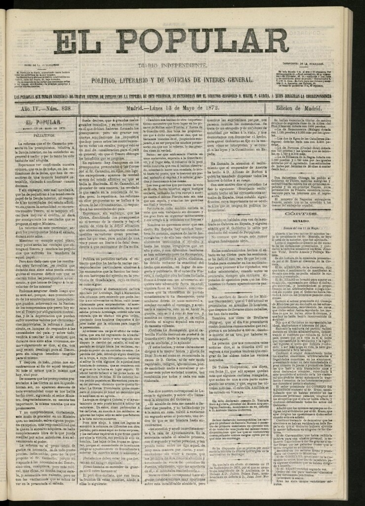 Miniatura de El Popular: diario independiente, político, literario y de noticias de interés general del 13 de mayo de 1872, nº 898
