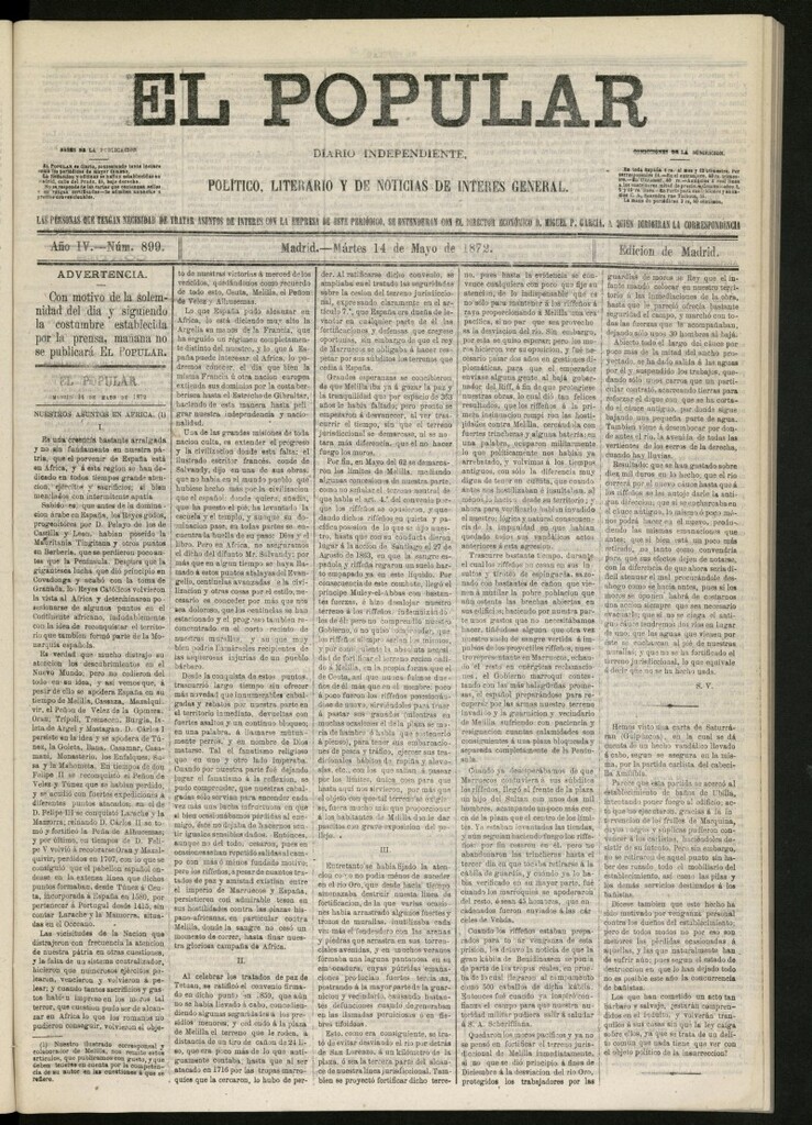 Miniatura de El Popular: diario independiente, político, literario y de noticias de interés general del 14 de mayo de 1872, nº 899