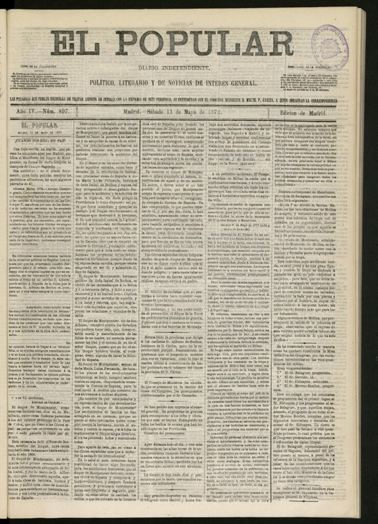 Miniatura de El Popular: diario independiente, político, literario y de noticias de interés general del 11 de mayo de 1872, nº 897