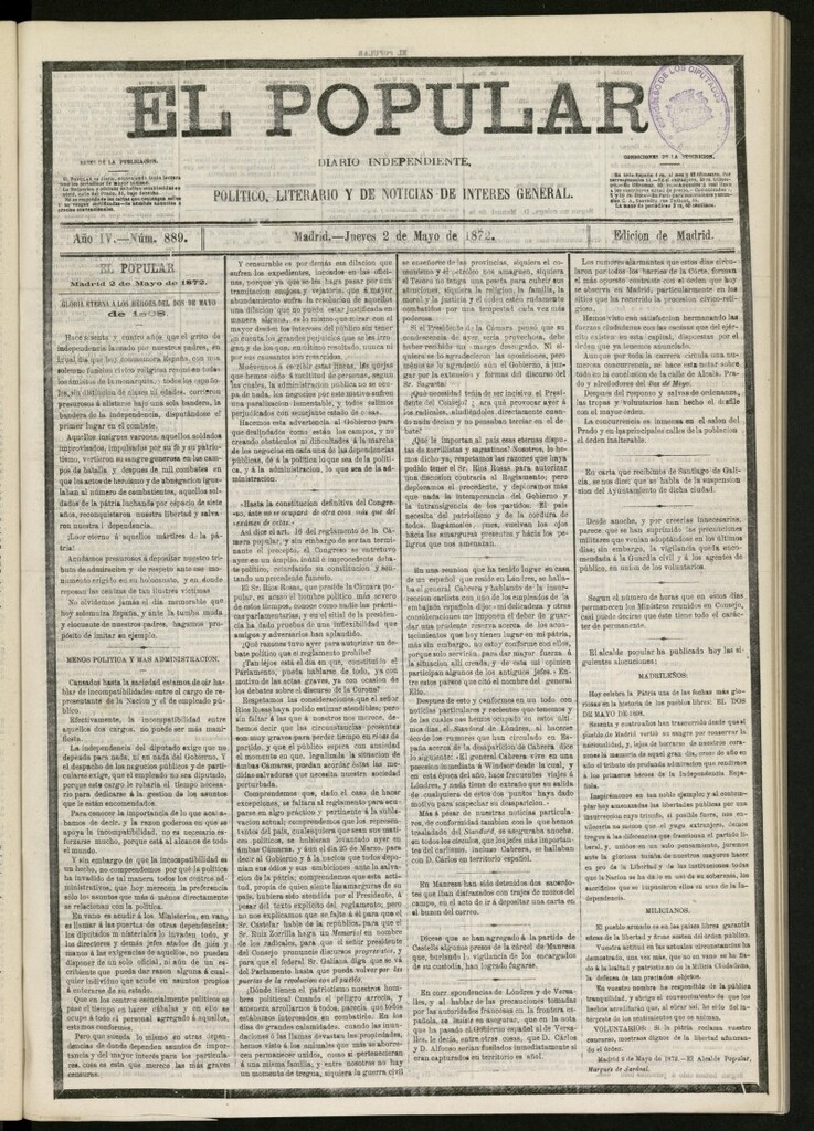 Miniatura de El Popular: diario independiente, político, literario y de noticias de interés general del 2 de mayo de 1872, nº 889