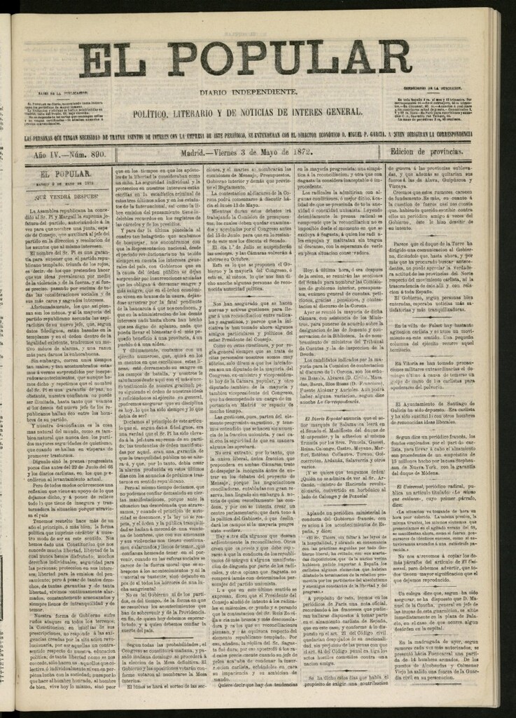 Miniatura de El Popular: diario independiente, político, literario y de noticias de interés general del 3 de mayo de 1872, nº 890