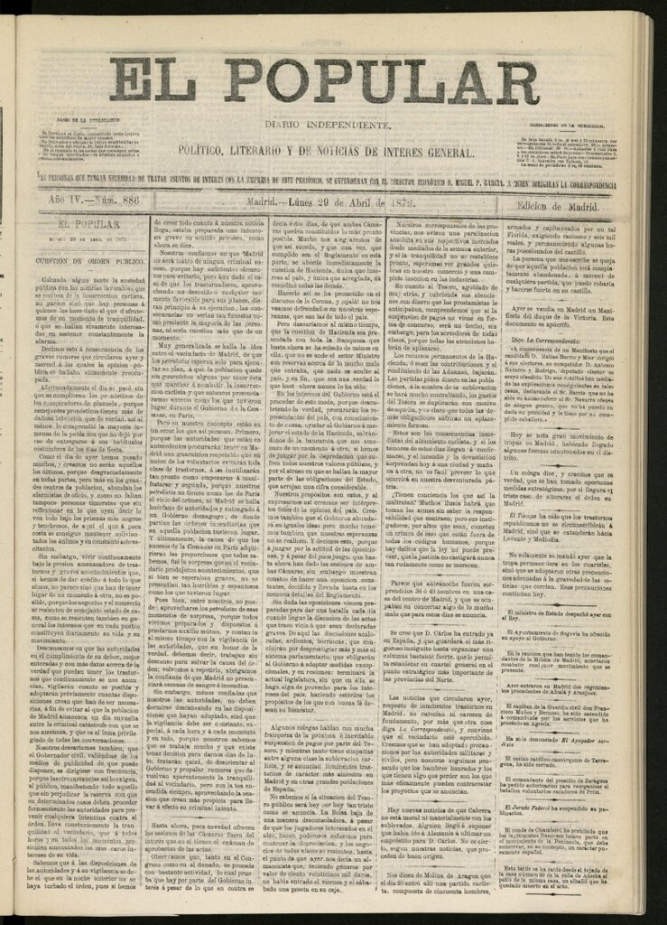 Miniatura de El Popular: diario independiente, político, literario y de noticias de interés general del 29 de abril de 1872, nº 886