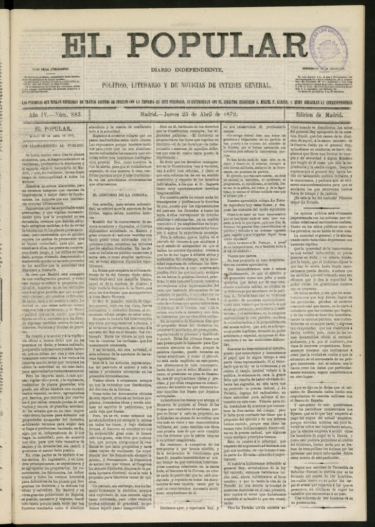 Miniatura de El Popular: diario independiente, político, literario y de noticias de interés general del 25 de abril de 1872, nº 883