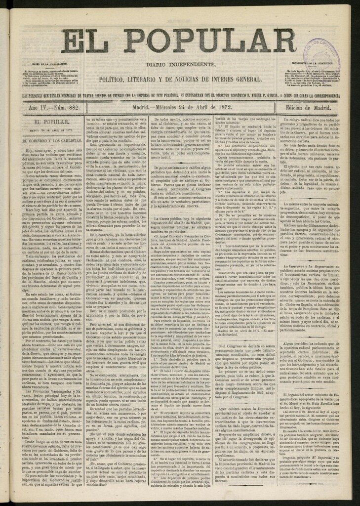 Miniatura de El Popular: diario independiente, político, literario y de noticias de interés general del 24 de abril de 1872, nº 882