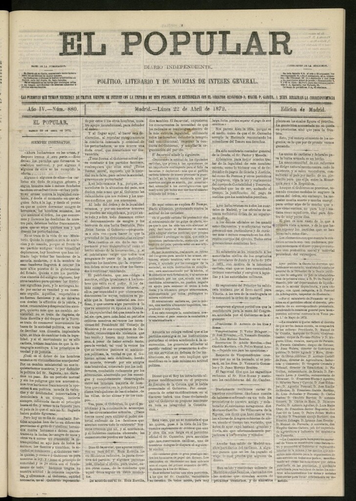 Miniatura de El Popular: diario independiente, político, literario y de noticias de interés general del 22 de abril de 1872, nº 880