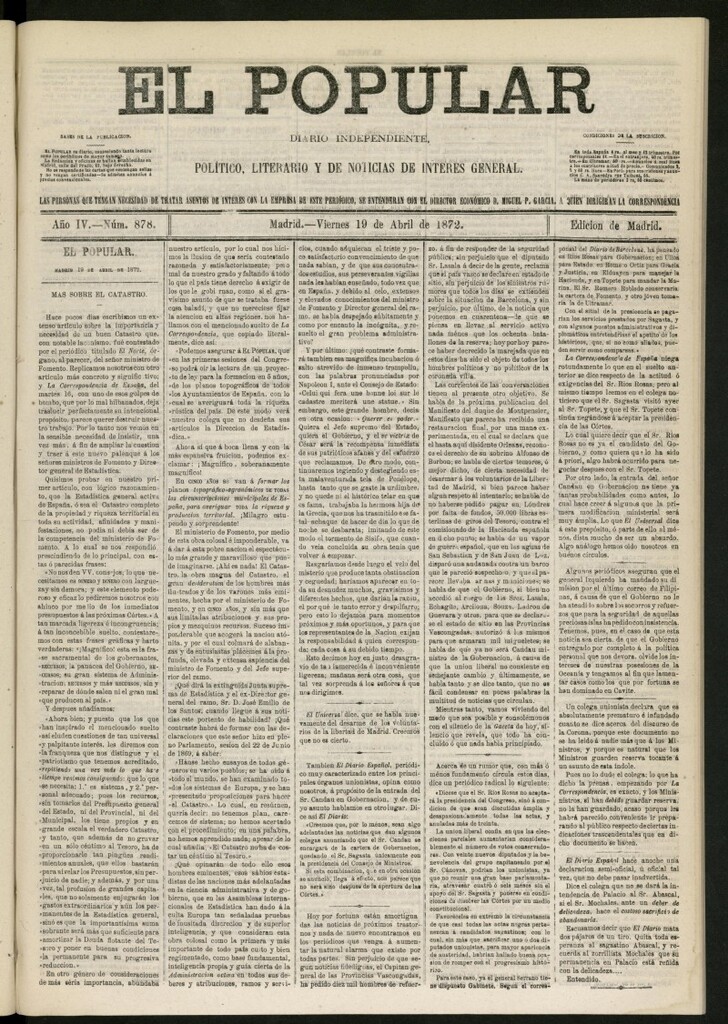 Miniatura de El Popular: diario independiente, político, literario y de noticias de interés general del 19 de abril de 1872, nº 878