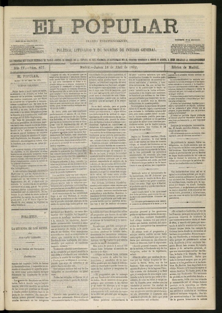 Miniatura de El Popular: diario independiente, político, literario y de noticias de interés general del 18 de abril de 1872, nº 877