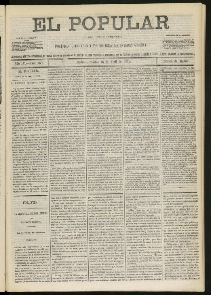 Miniatura de El Popular: diario independiente, político, literario y de noticias de interés general del 16 de abril de 1872, nº 875