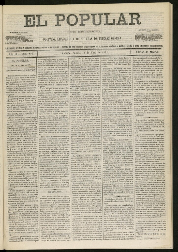 Miniatura de El Popular: diario independiente, político, literario y de noticias de interés general del 13 de abril de 1872, nº 873