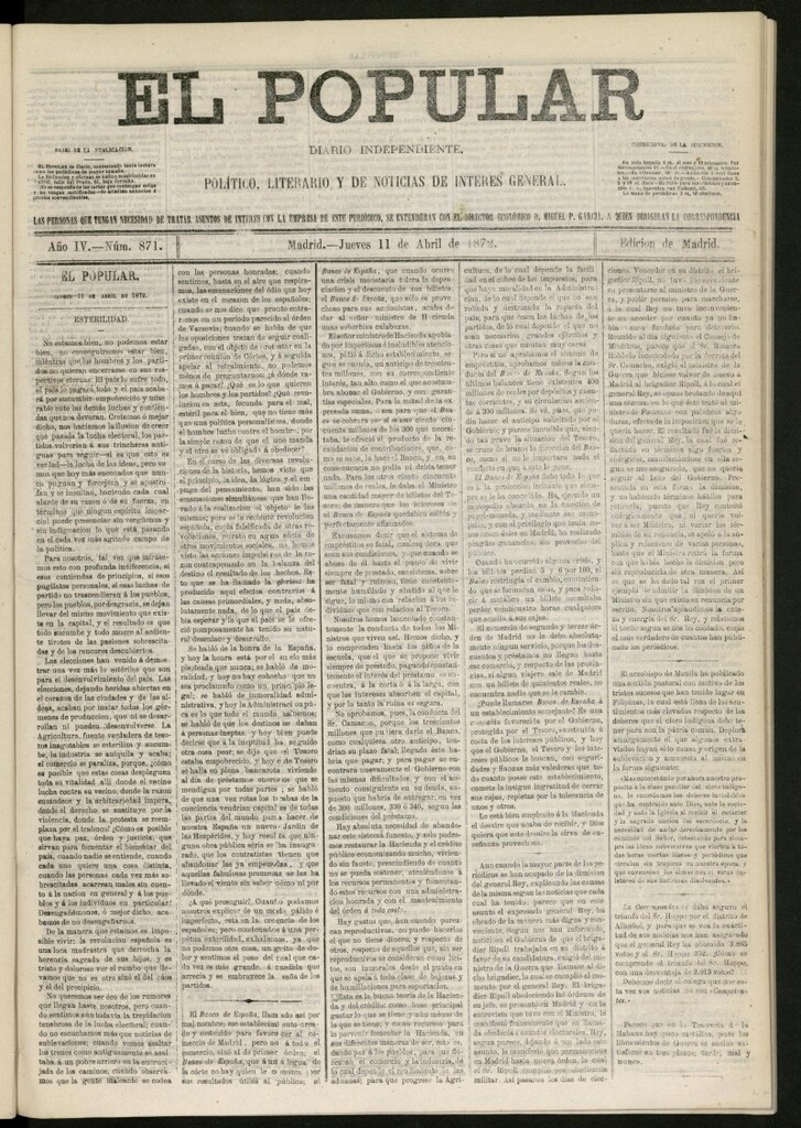 Miniatura de El Popular: diario independiente, político, literario y de noticias de interés general del 11 de abril de 1872, nº 871