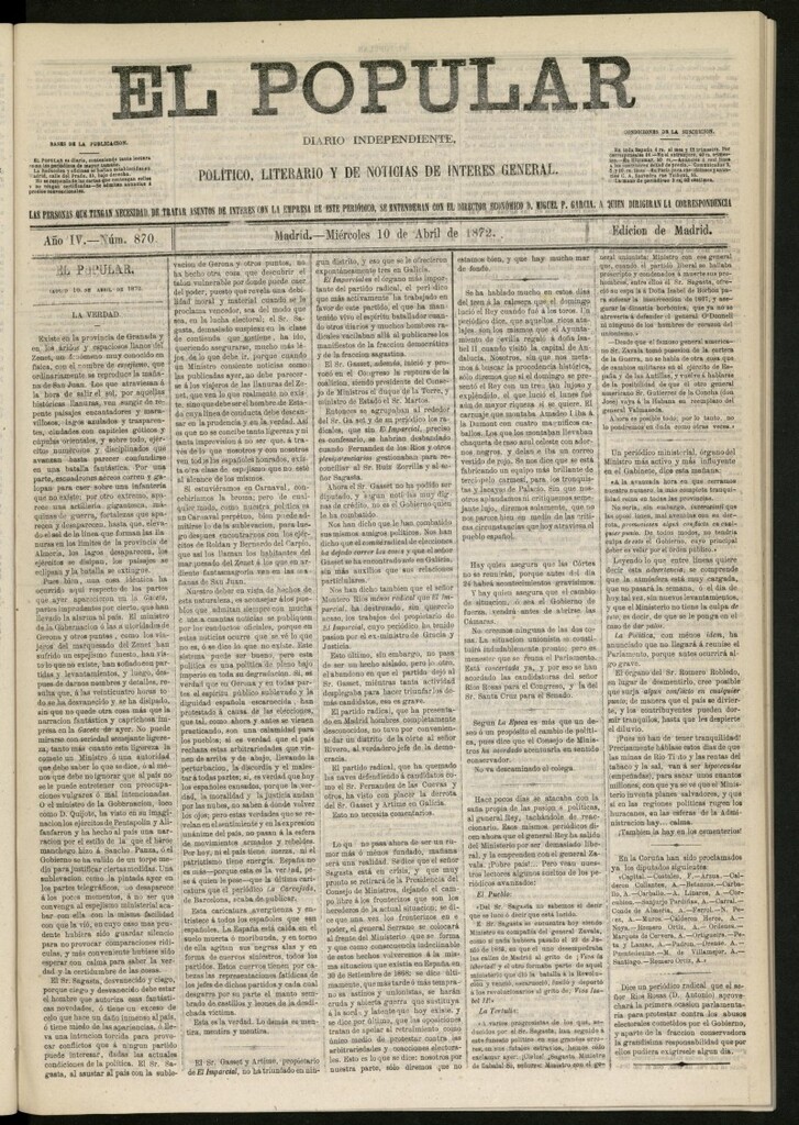 Miniatura de El Popular: diario independiente, político, literario y de noticias de interés general del 10 de abril de 1872, nº 870