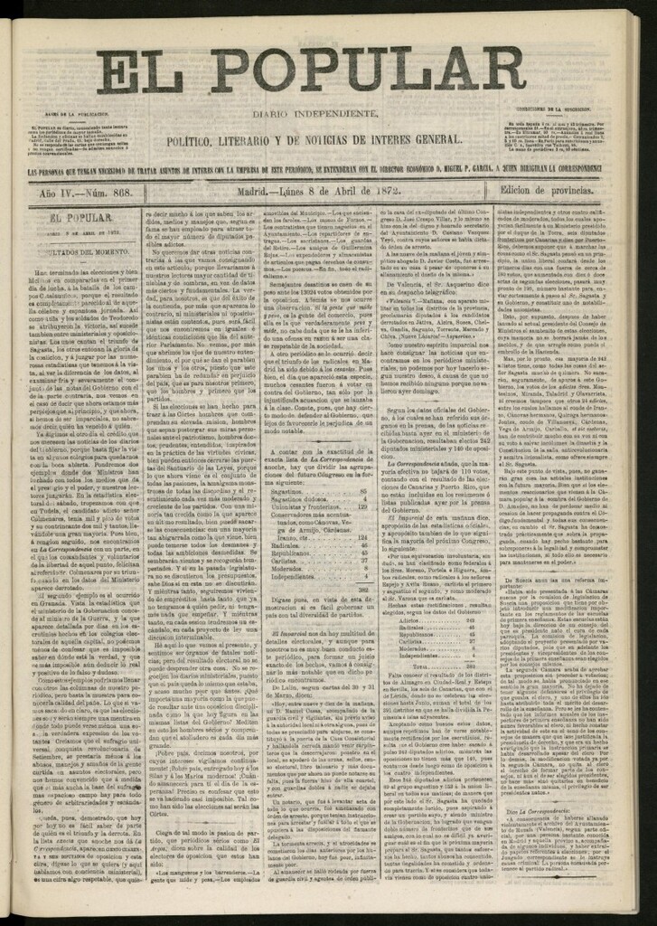 Miniatura de El Popular: diario independiente, político, literario y de noticias de interés general del 8 de abril de 1872, nº 868