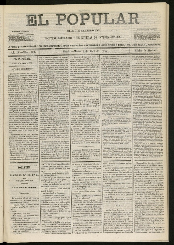 Miniatura de El Popular: diario independiente, político, literario y de noticias de interés general del 9 de abril de 1872, nº 869