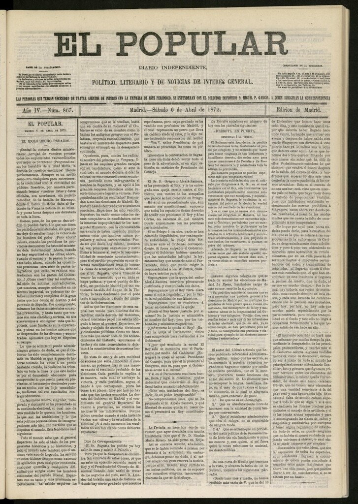 Miniatura de El Popular: diario independiente, político, literario y de noticias de interés general del 6 de abril de 1872, nº 867