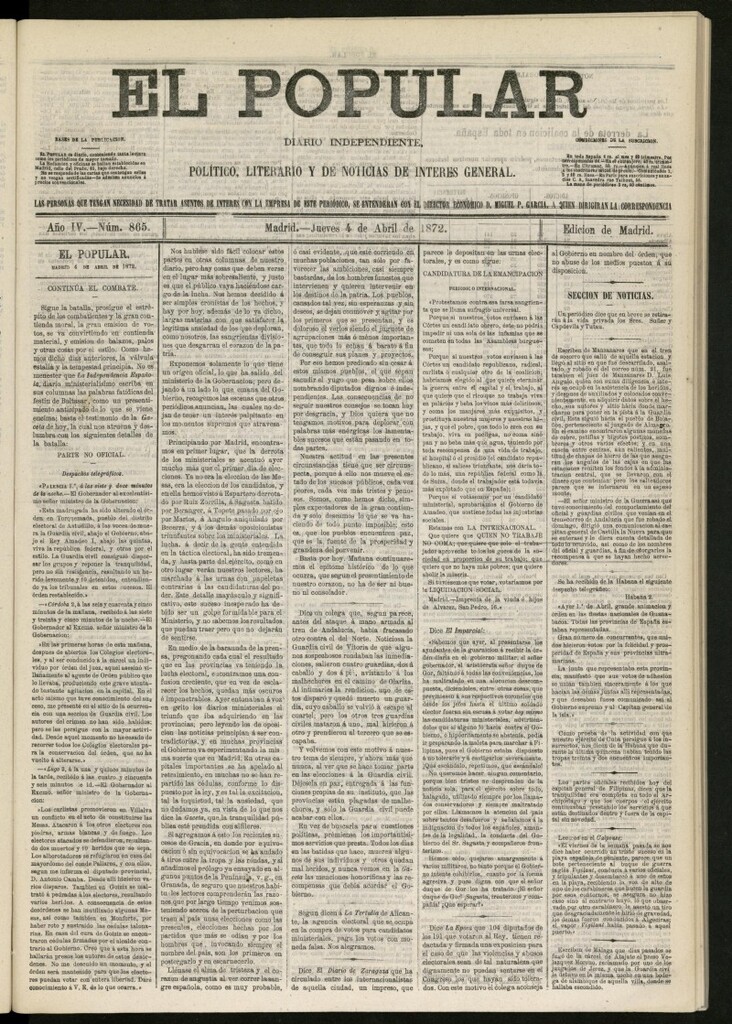Miniatura de El Popular: diario independiente, político, literario y de noticias de interés general del 4 de abril de 1872, nº 865