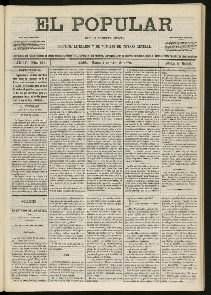 Miniatura de El Popular: diario independiente, político, literario y de noticias de interés general del 2 de abril de 1872, nº 863