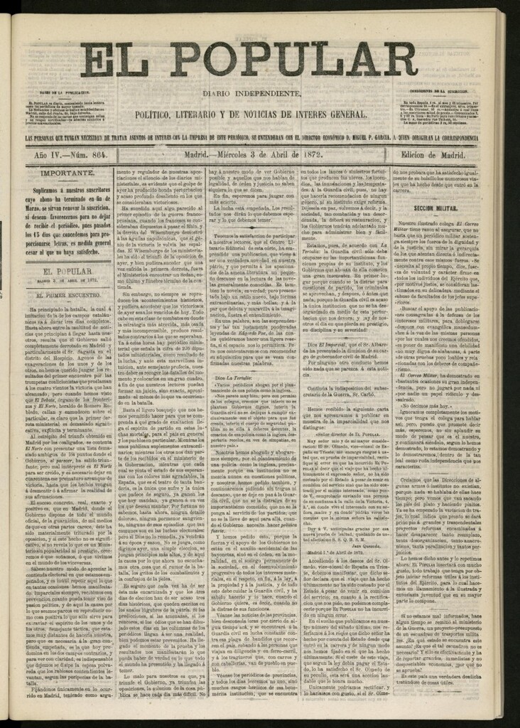 Miniatura de El Popular: diario independiente, político, literario y de noticias de interés general del 3 de abril de 1872, nº 864